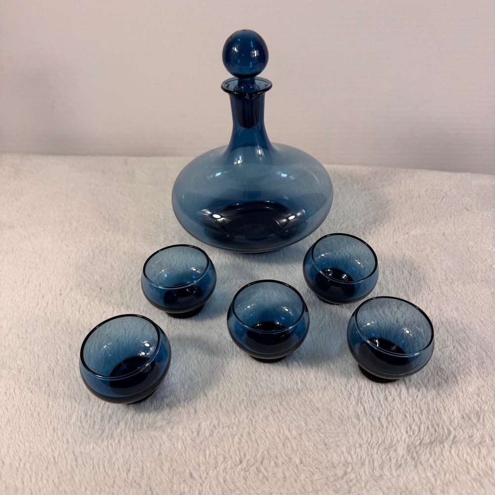 Vintage 1960s Italian Blue Glass Decanter 5 Cordial Glasses MCM Hand Blown